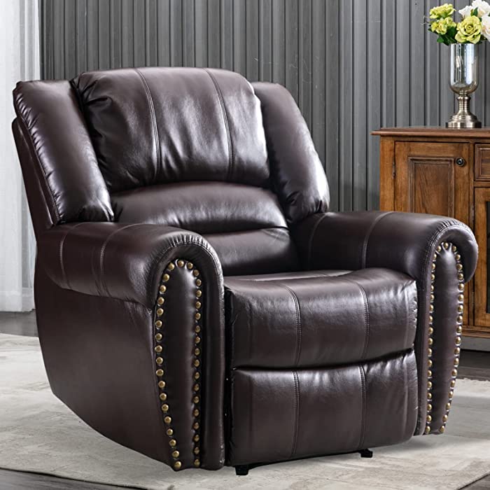 CANMOV Leather Recliner Chair, Classic and Traditional Manual Recliner Chair with Comfortable Arms and Back Single Sofa for Living Room, Brown