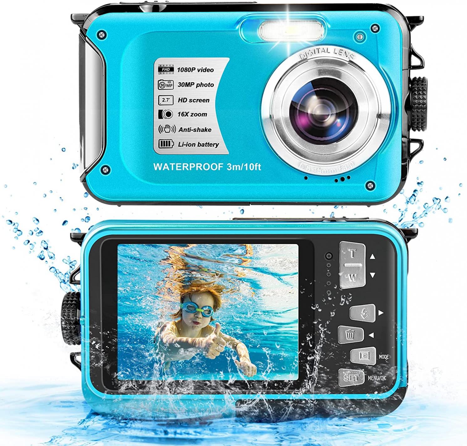 Waterproof Camera 10FT Underwater Camera 30MP 1080P HD Video Resolution 16X Zoom Waterproof Digital Camera for Snorkeling,Vacation(Blue)