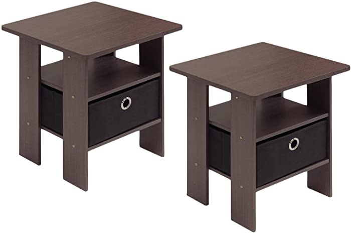 Furinno Andrey Set of 2 End Table / Side Table / Night Stand / Bedside Table with Bin Drawer, Dark Brown/Black