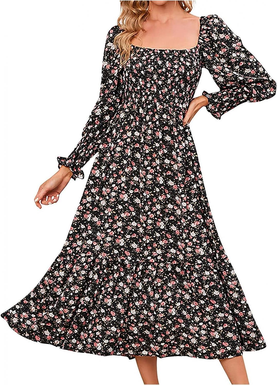 SMIDOW Bohemian Dress for Women Summer 2023 Long Sleeve Square Neck Maxi Dress Smocked Ruffle Flowy Chiffon Beach Sundress
