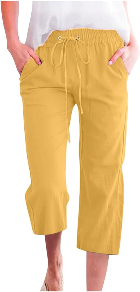 Cotton Linen Pants for Women Trendy 2024 High Waist Drawstring Cropped Pant Trousers Casual Summer Wide Leg Capris