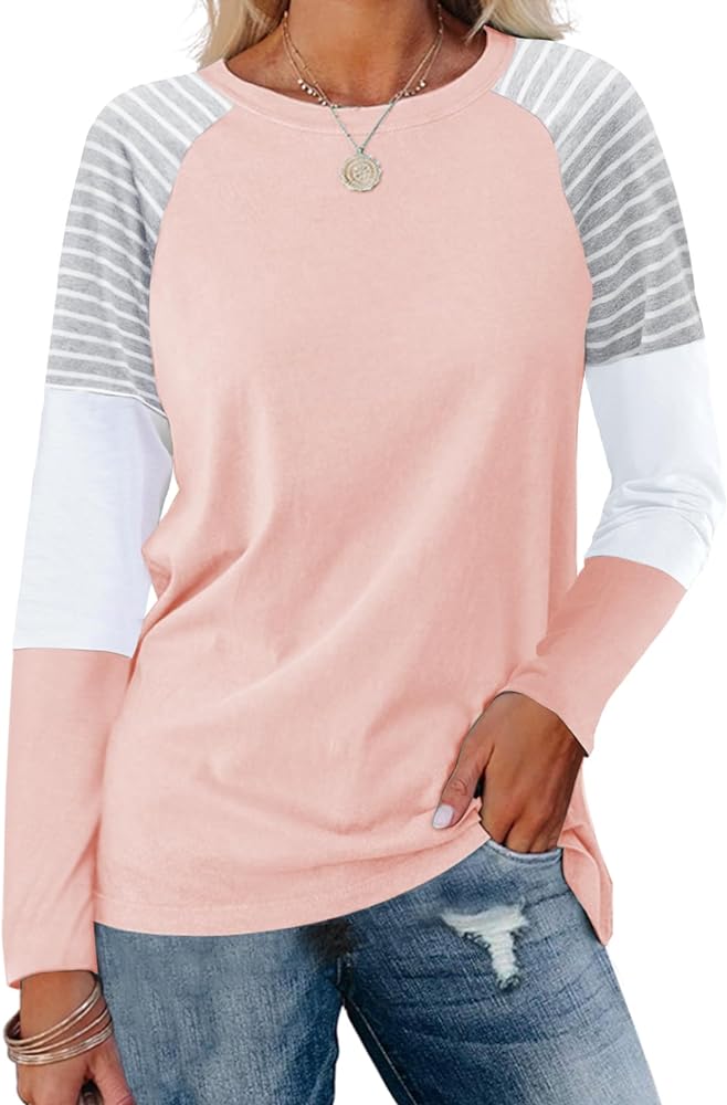 ORANDESIGNE Women's Long Sleeve Color Block Tunics Tops Round Neck Shirts Casual Blouses
