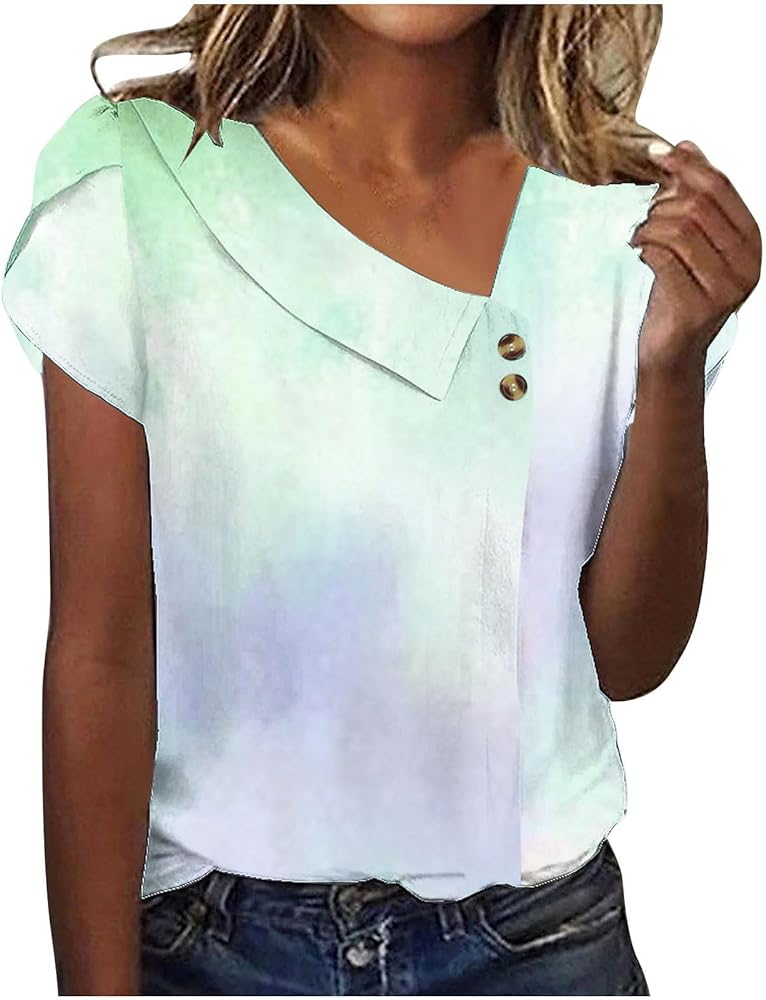 Women's Summer Boho Printed Tops Short Petal Sleeve Vintage Button V Neck Shirts T-Shirt Loose Comfy Blouse