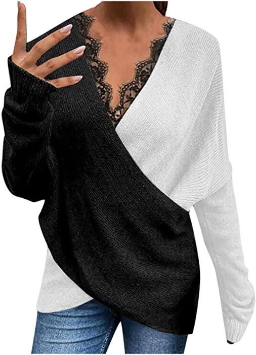 Women's Long Sleeve Knit Pullover Sweater Loose Colorblock Lace V-neck Blouse Cross Wrap Front Casual Tops