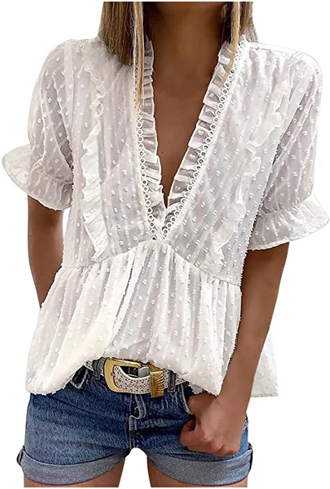 Womens V Neck Lace Short Sleeve Tops Ruffle Swiss Dot Blouses Shirts Cute Pom Pom Pleated Tunic Summer Tops
