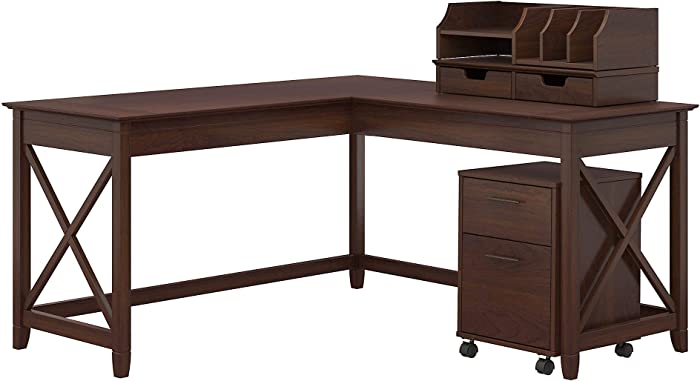 Bush Furniture Key West 60W L Shaped Desk with Mobile File Cabinet and Desktop Organizers, Bing Cherry