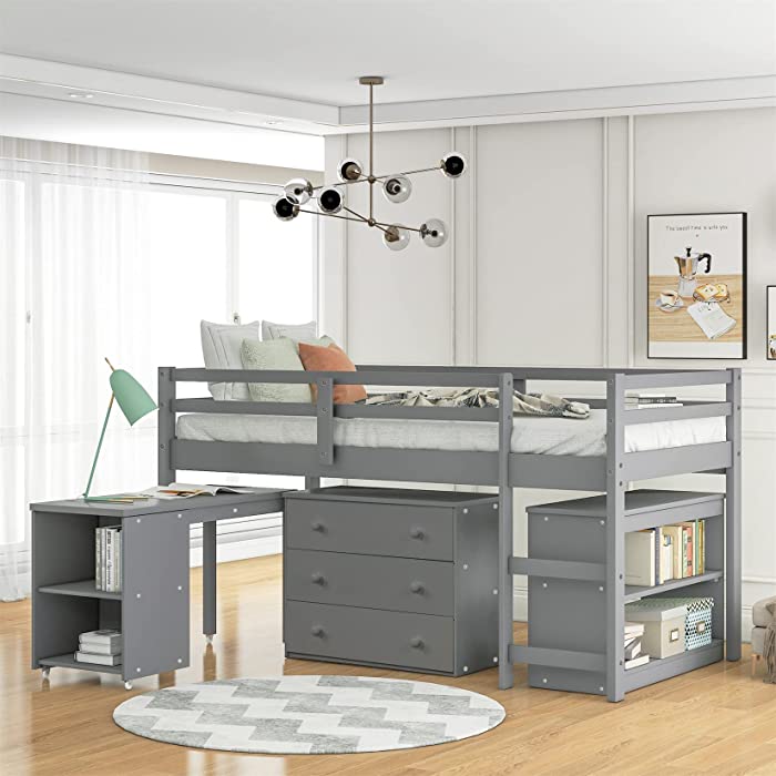 Low Loft Bed Wood Loft Bed Frame with Storage Cabinet and Rolling Portable Desk for Kids and Teen, Boys, Girls, Twin,Gray