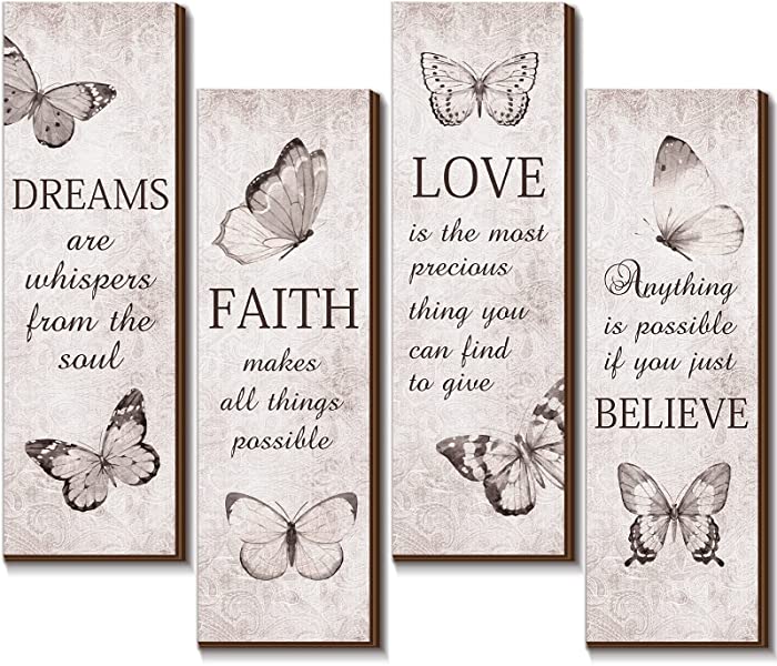 4 Pcs Butterfly Inspirational Quote Wooden Sign Love Faith Believe Dream Wall Decor Wood Butterfly Girls Room Decor Rustic Encouragement Signs for Home Decor Wall Butterfly Bathroom Decor, 11 x 4 Inch