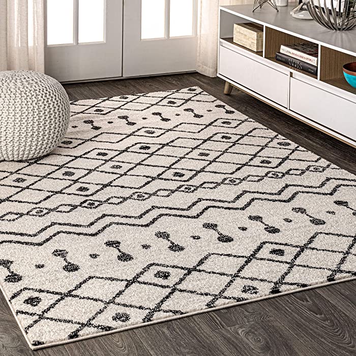 JONATHAN Y MOH208A-8 Aksil Moroccan Beni Souk Indoor Farmhouse Area Rug Bohemian Minimalistic Geometric Easy Cleaning Bedroom Kitchen Living Room Non Shedding, 8 ft x 10 ft, Cream/Black