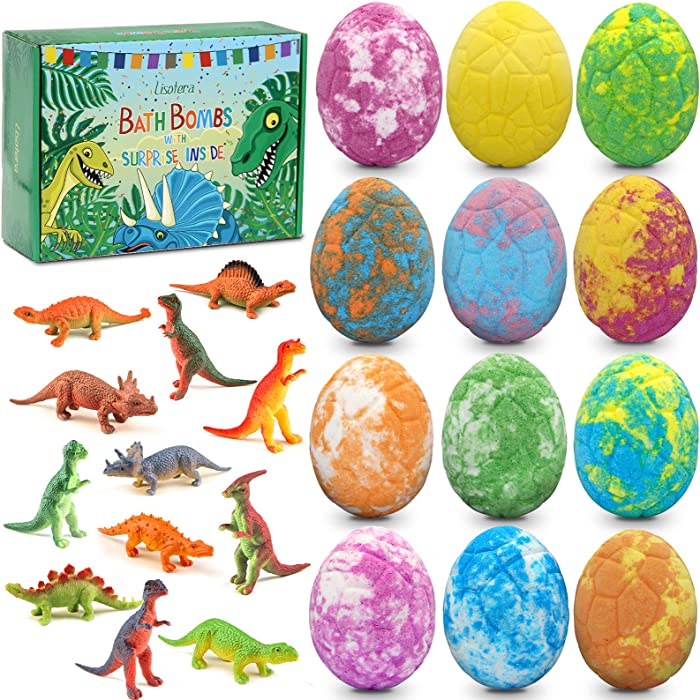 Bath Bombs for Kids with Toys Inside for Girls Boys - 12pcs Bulk Large Surprise Colorful Dinosaur Egg Bubble Bath Fizzies, Gentle and Kids Safe for Birthday Gift Easter Eggs Stuffers Christmas