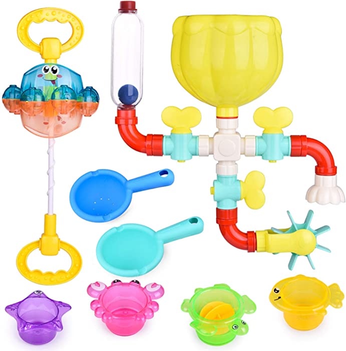 FUN LITTLE TOYS 22 PCs Bath Toys for Toddler, Flower Water Station, Bath Squirters, Stacking Cups, Rotating Spray Water Toy, Birthday Gifts for Kids