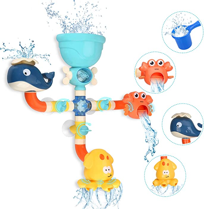 Bath Toys for Toddlers Kids 1 2 3 4 5 Years Old Boys and Girls, Bathtub Toy Baby Bathing DIY Pipes Tubes with Spinning Waterfall Water Spout Color Box