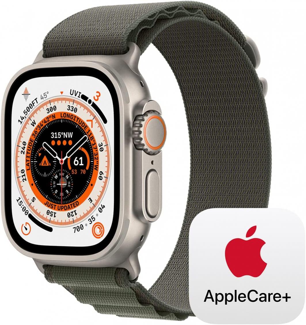 Apple Watch Ultra GPS + Cellular, 49mm Titanium Case with Green Alpine Loop - Medium with AppleCare+ (2 Years)