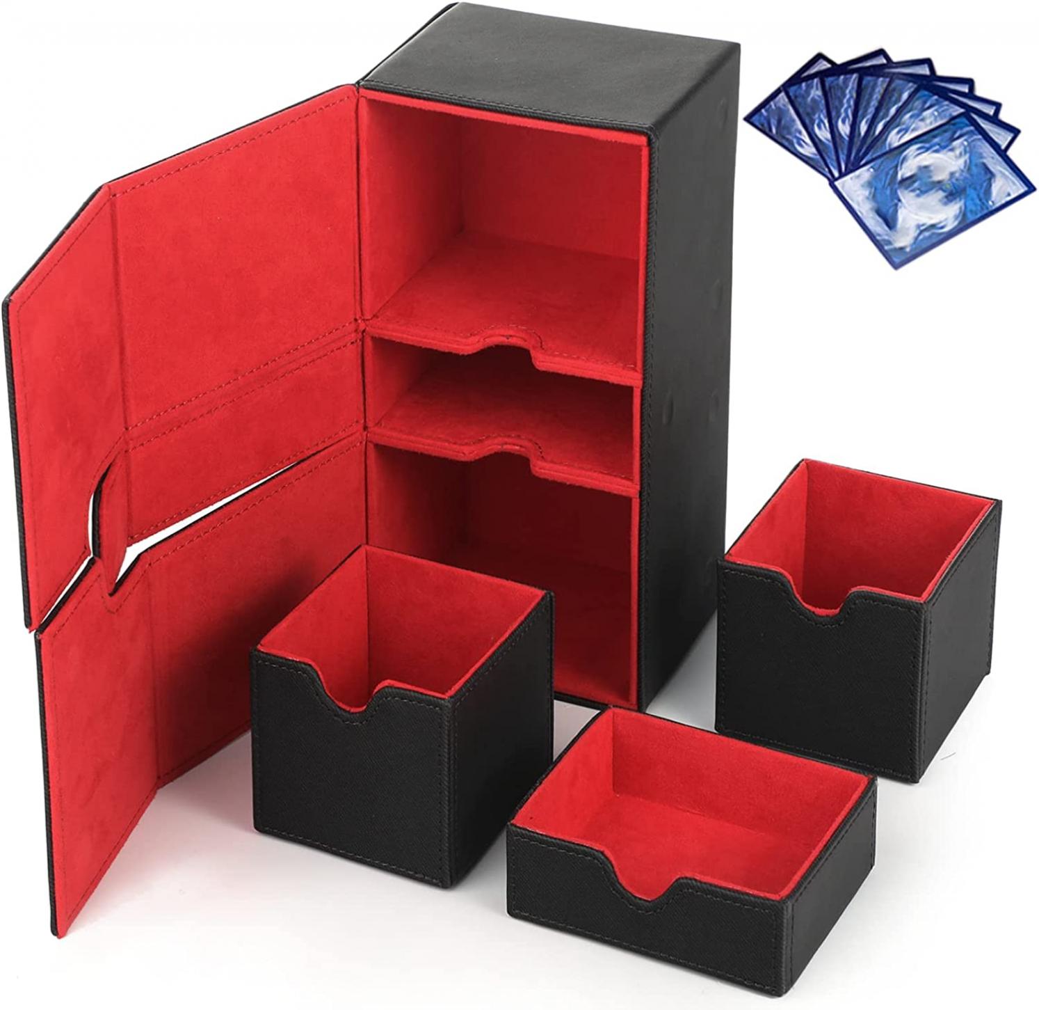 Card Deck Box, Large Flip Deck Case with 3 Trays for 220+ Sleeved Cards, PU Leather Double Deck Box for YuGiOh, TCG, MTG, Uno, Ultraman, Baseball Cards 7.95" x 4.53" x 3.54"