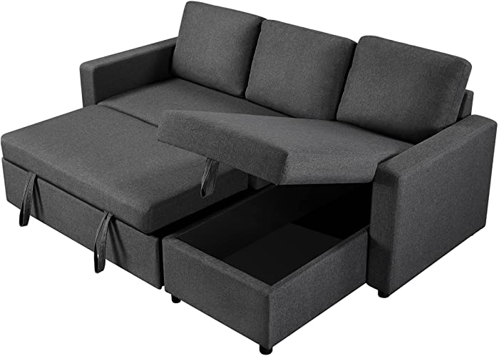 Yaheetech Modern Sectional L-Shaped Sofa Couch Bed w/Chaise, Reversible Couch Sleeper w/Pull Out Bed & Storage Space, 4-seat Linen Fabric Convertible Sofa, Suitable for Living Room Dark Gray