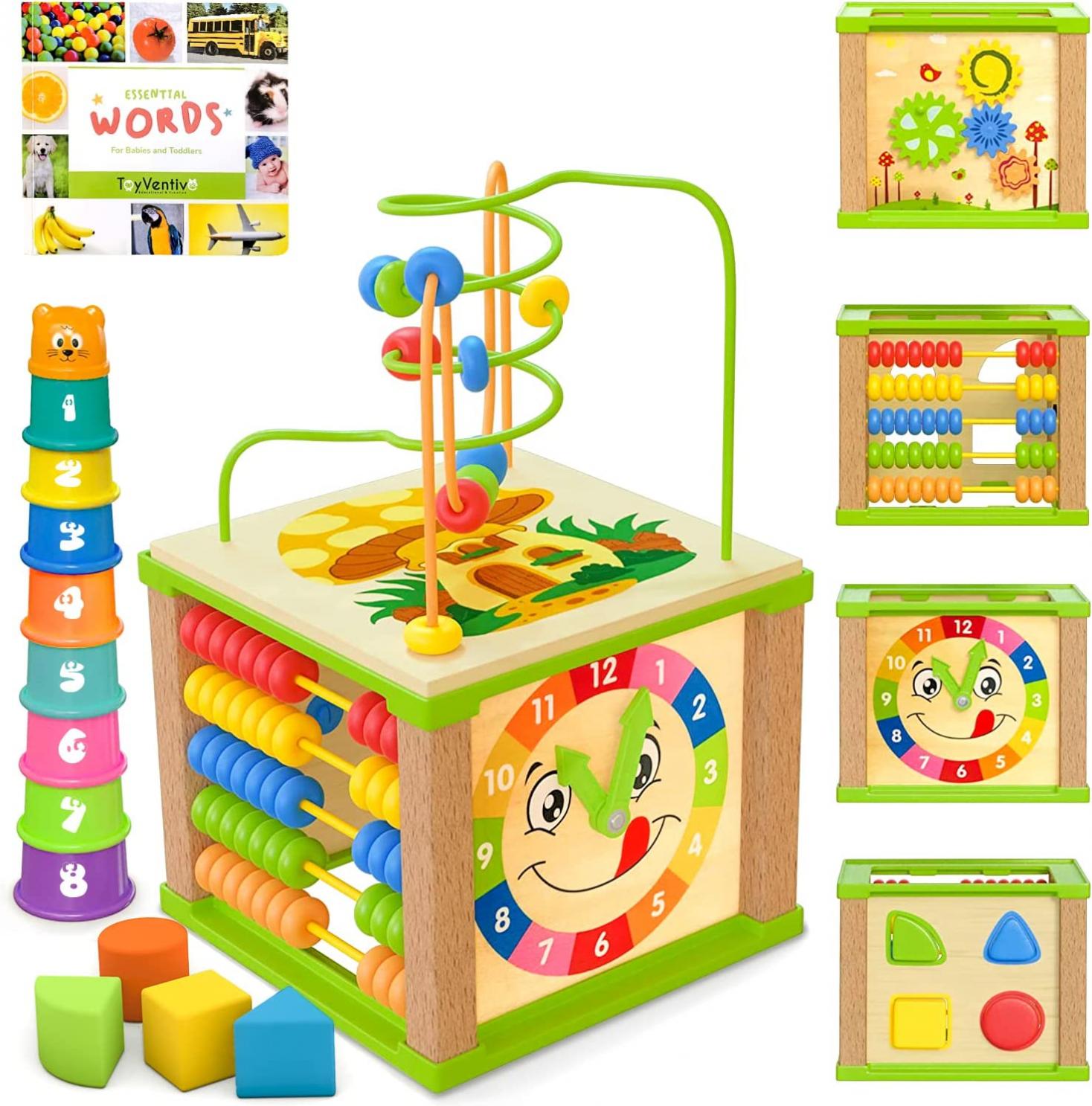 TOYVENTIVE Wooden Kids Baby Activity Cube - Boys Gift Set | One 1, 2 Year Old Boy Gifts Toys | Developmental Toddler Educational Learning Boy Toys 12-18 Months | Bead Maze, First Birthday Gift