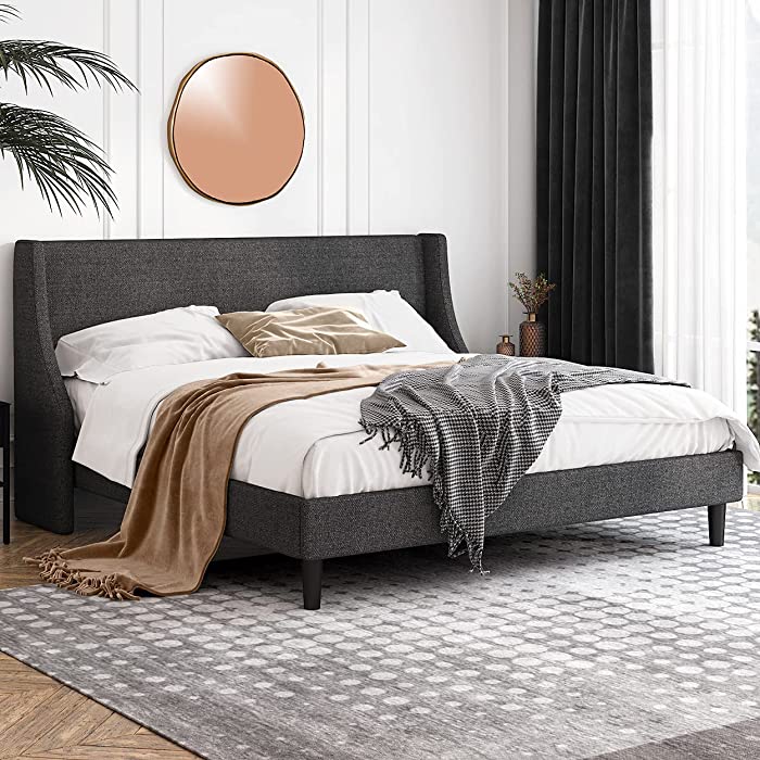 Einfach King Size Platform Bed Frame with Wingback Headboard / Fabric Upholstered Mattress Foundation with Wooden Slat Support, Dark Grey