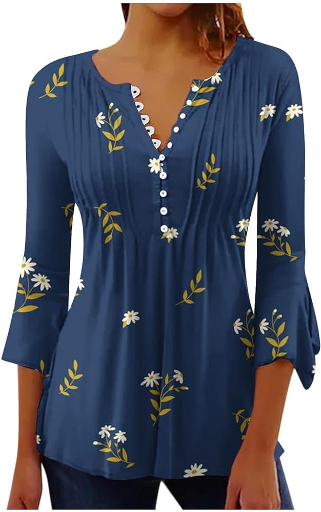 3/4 Sleeve Shirts for Women 2024 Button Up V Neck Floral Print Pullover Tops Soft Peplum Casual Blouses Spring Summer Tshirt