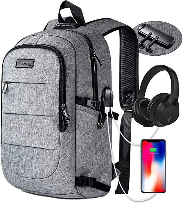 Laptop Backpack for Men & Women,College School Bookbag,Slim Durable Water Resistant Anti-Theft Travel Work Backpack with USB Charging/Headphone Port and Lock 15.6 Inch Computer Backpacks Gift -Grey