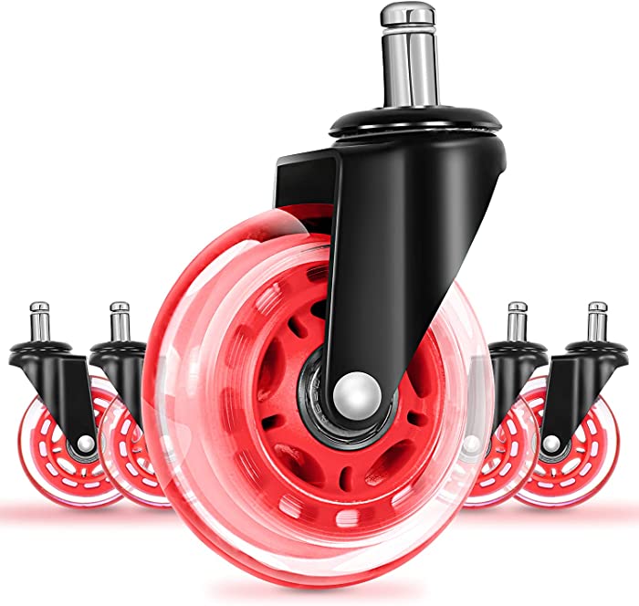 Office Chair Caster Wheels Replacement Rubber Chair Casters for Hardwood Floors and Carpet, Set of 5, Heavy Duty Office Chair Casters for Chairs to Replace Office Chair Mats - Universal Fit (Red)