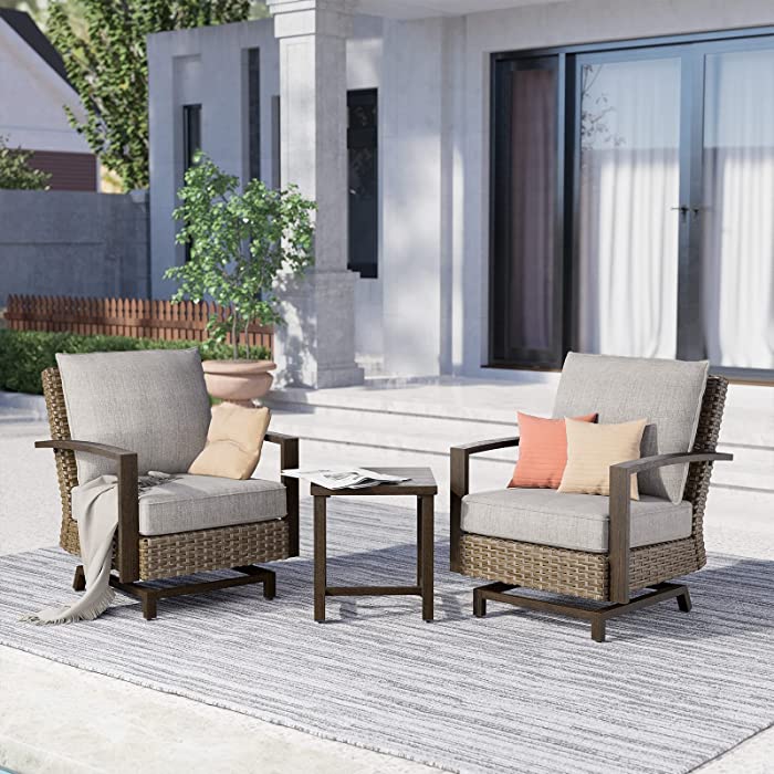 Grand Patio Outdoor 3 Pieces Furniture Sofa Sets PE Wicker Furniture Sets Rockers Patio Conversation Sets Aluminum Frame with Olefin Cushions Patio Furniture Sets (Light Brown)