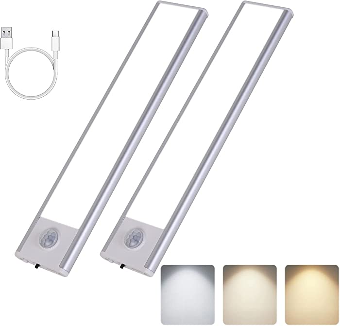 Motion Sensor Indoor LED Under Cabinet Lighting USB Rechargeable 36LED, Magnetic Closet Light Wireless 3 Color Dimmable Battery Operated Under Counter Lights for Kitchen-2 Pack