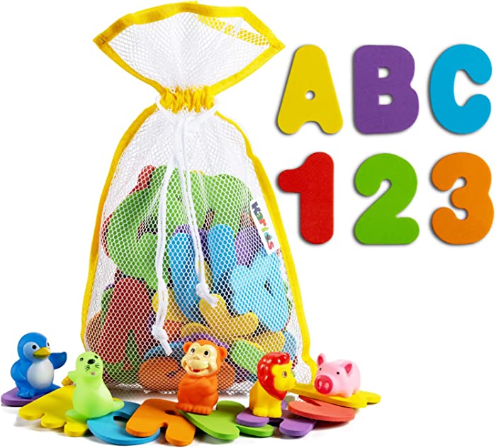 Toddlers ABC Bath Toys - Premium Eva Foam Floating Alphabet and Numbers with 5 Animal Characters - 6 Vibrant Colors of Caps and Lowercase Letters - Colorful Water Learning Playtoys for Kids | 77 Pack