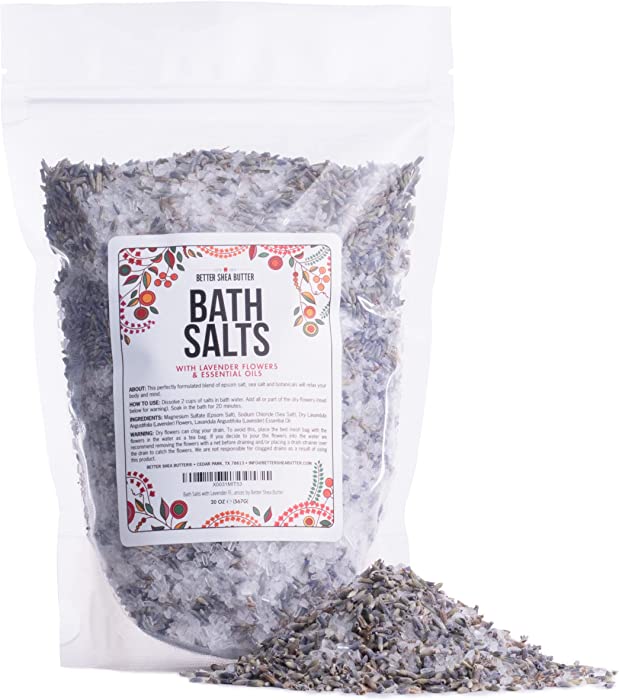 Epsom Bath Soaking Salts with Dried Lavender and Essential Oil | Vegan & Cruelty Free / No Chemicals or Synthetic Fragrances by Better Shea Butter (20 oz)