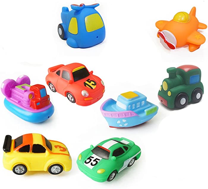 TOYMYTOY Bath Swimming Toys,8 Assorted Mini Pool Toys 3 Racing Car + Train + Boat + Hovercraft + Helicopter + Fighter