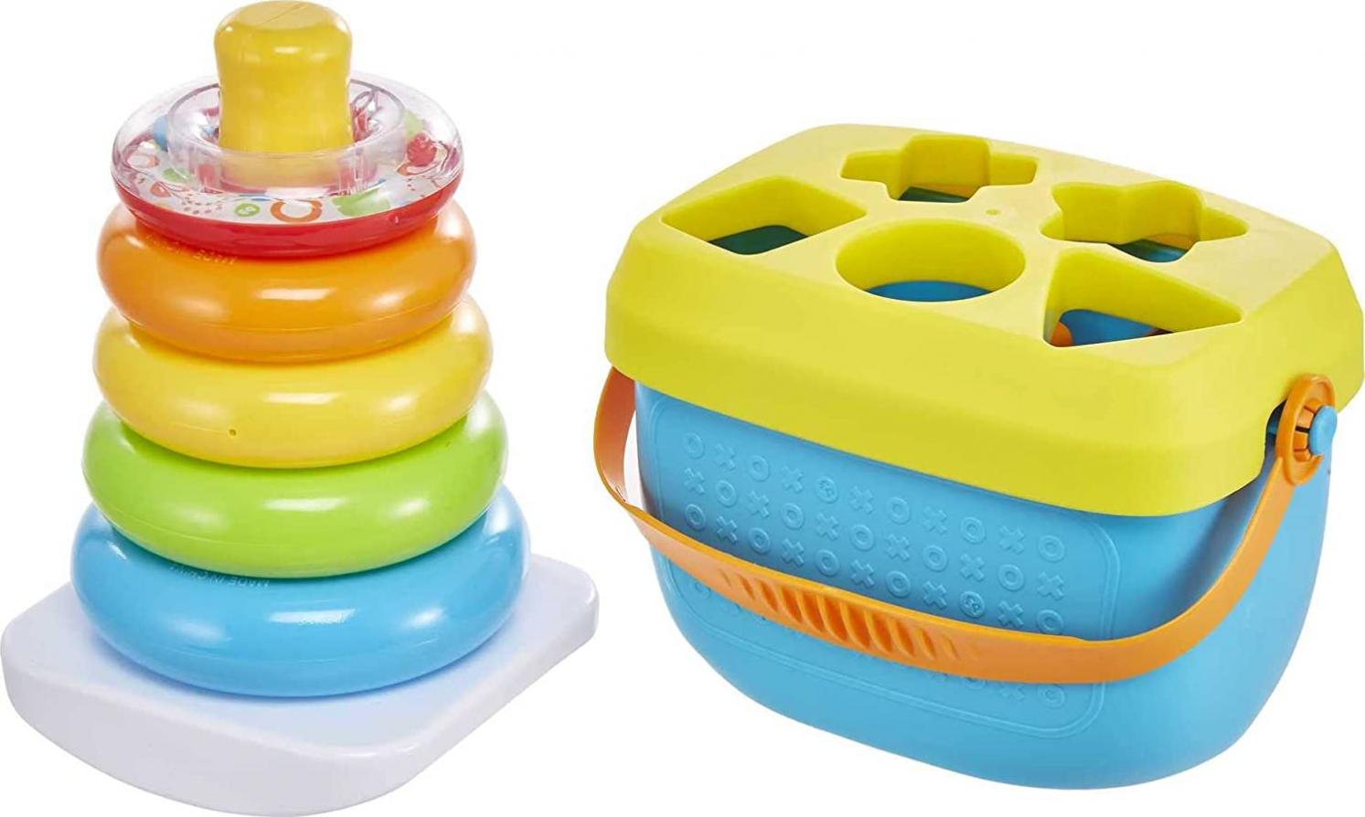 Fisher-Price Baby Toy Gift Set with Rock-a-Stack Ring Stacking Toy and Baby’s First Blocks Set, Frustration-Free Packaging