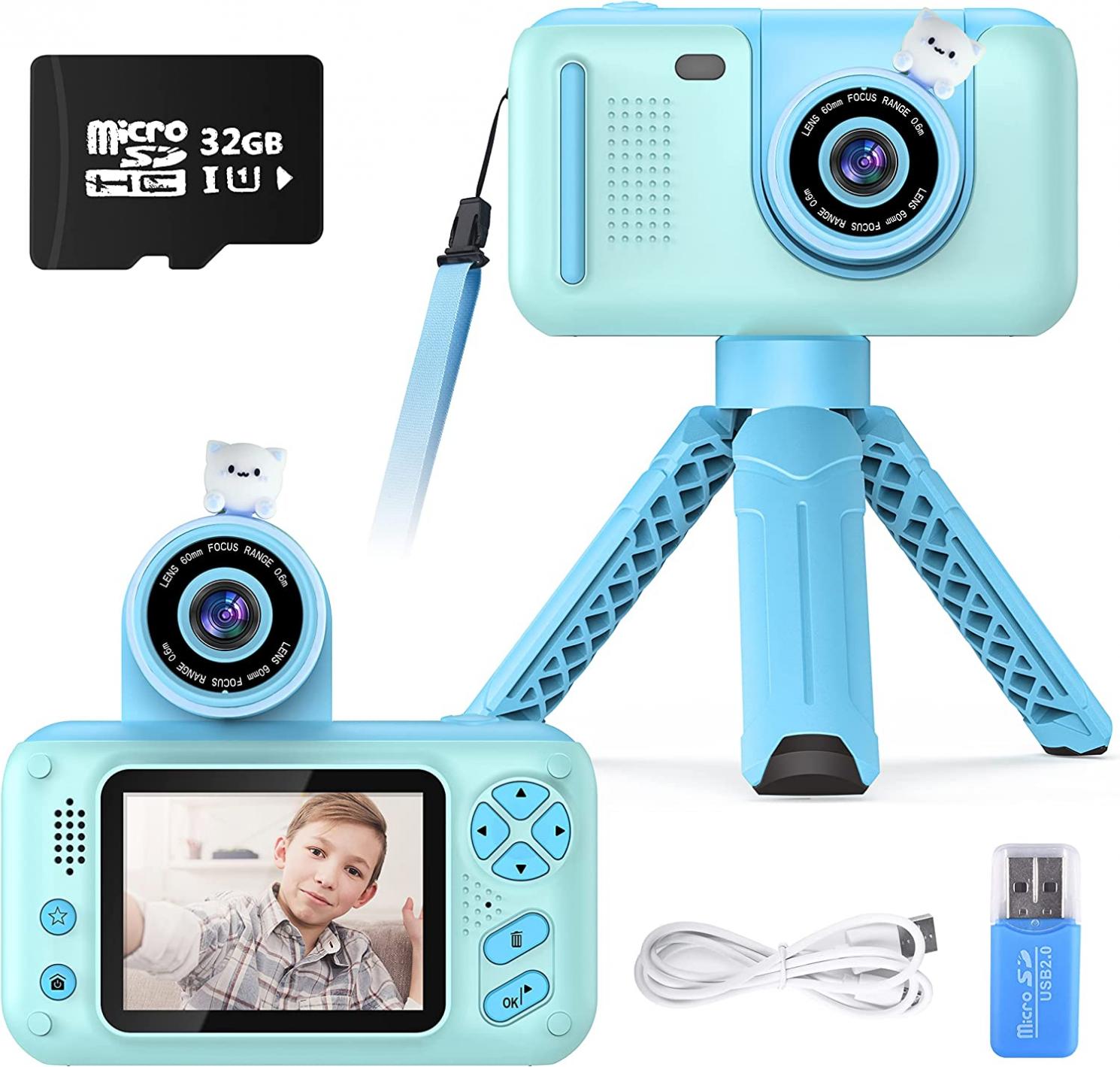 PURULU Kids Camera with Flip-up Lens for Selfie, HD Digital Camera for 3 4 5 6 7 8 Year Old Boys Birthday Gifts with 32GB SD Card