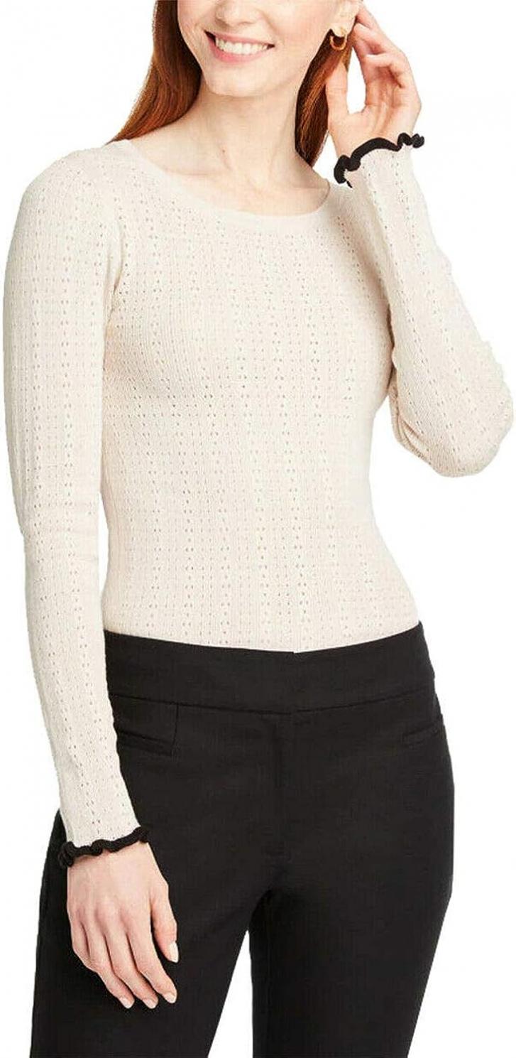 Ann Taylor Womens Ruffle Pointelle Sweater, Delicate Ecru Beige (Medium)