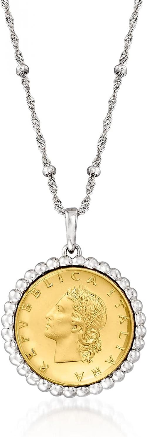 Ross-Simons Italian Genuine 20-Lira Coin Pendant Necklace in Sterling Silver. 18 inches