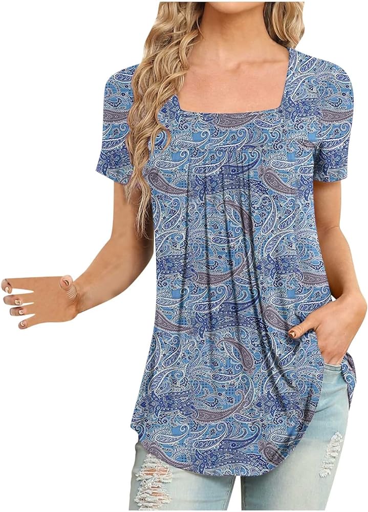 Ceboyel Women Paisley Printed Casual Tunic Tops Square Neck Flowy Shirts Blouse Short Sleeve T-Shirts Trendy Spring Clothes
