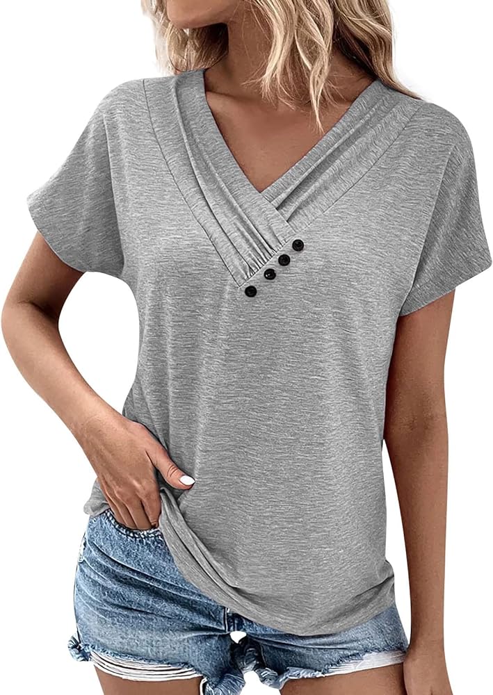 Tops for Womens Plus Size Short Sleeve Casual Pullover V Neck Fashion Blouse Tees 2024 Summer Button Printed T Shirt