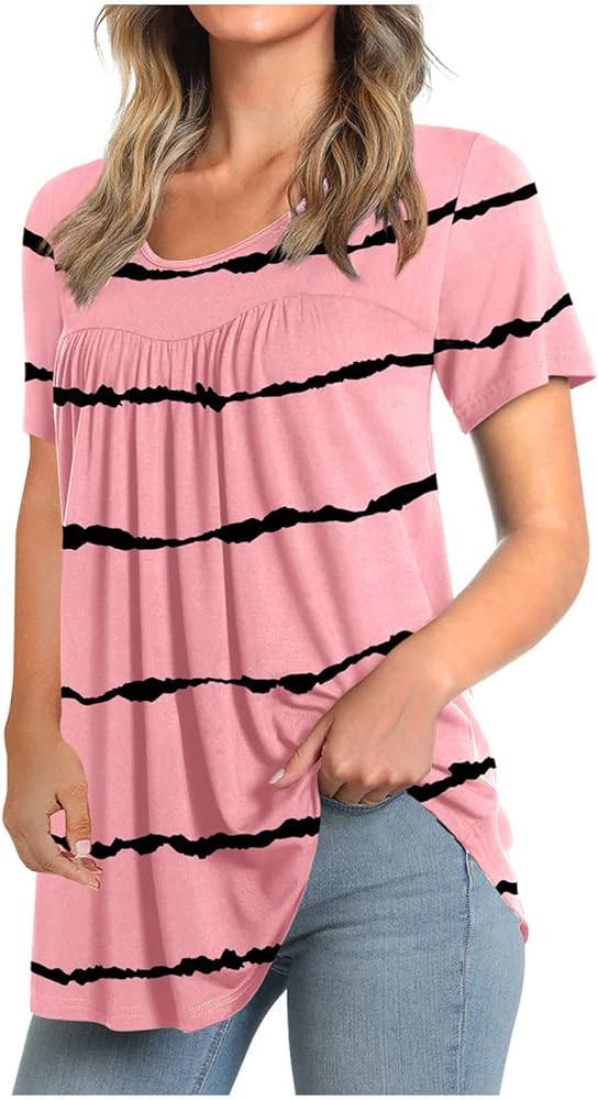 SMIDOW Womens Crew Neck Short Sleeve Tops 2023 Summer Hide Belly Tunic Shirts Dressy Casual Striped Pleated Flowy Blouse