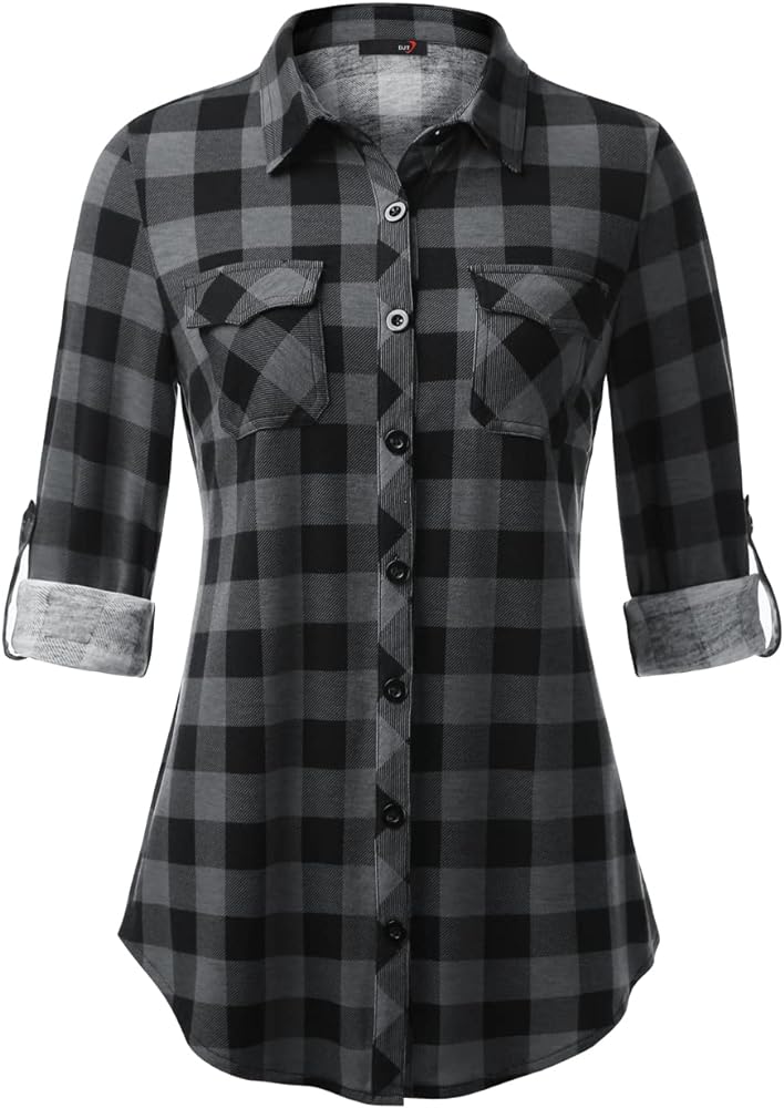 DJT Womens Soft Stretchy Knit Plaid Shirts Roll Up Long Sleeve Collared Button Down Blouses Tops
