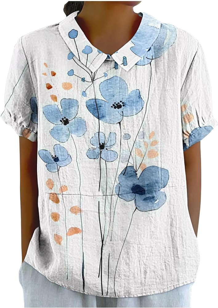 DASAYO Womens Cute Summer Tops and Blouses Peter Pan Collar Puff Short Sleeve Shirts Vintage Floral Loose Fit Linen Tshirt