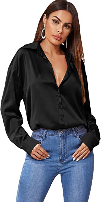 SOLY HUX Women's Satin Silk Long Sleeve Button Down Shirt Formal Work Blouse Top
