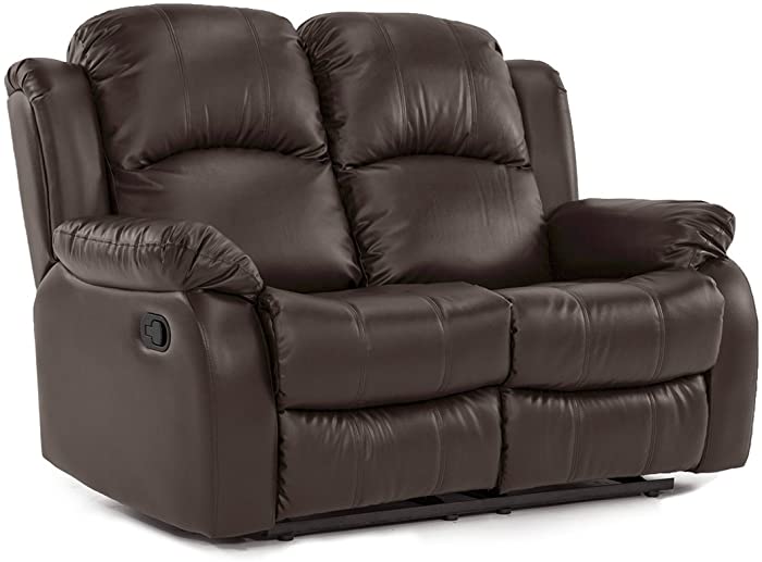 Divano Roma Furniture Classic Loveseat Bonded Leather-2 Seater Recliner Sofa (Brown)