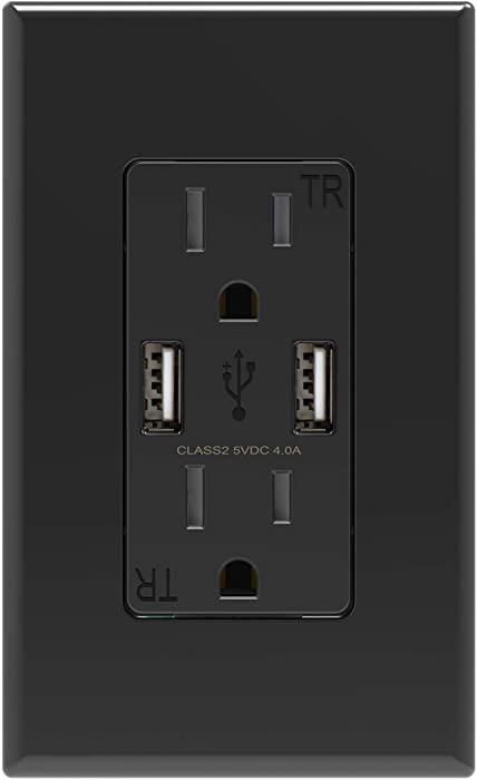 ELEGRP USB Charger Wall Outlet, Dual High Speed 4.0 Amp USB Ports with Smart Chip, 15 Amp Duplex Tamper Resistant Receptacle Plug NEMA 5-15R, Wall Plate Included, UL Listed (1 Pack, Glossy Black)