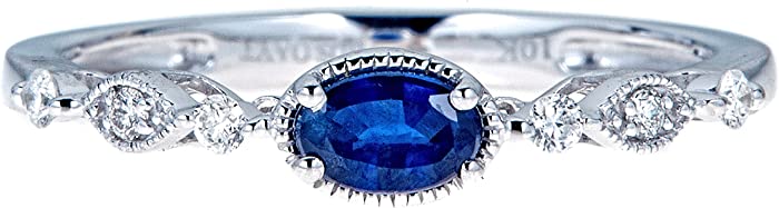 Gin and Grace 10K White Gold Genuine Blue Sapphire Ring with Diamonds for women | Ethically, authentically & organically sourced (Oval-Cut) shaped Sapphire hand-crafted jewelry for her | Sapphire Ring for women