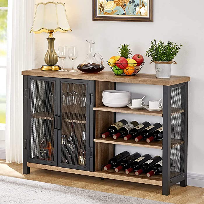 BON AUGURE Industrial Bar Cabinet with Removable Wine Rack, Multi-Functional Rustic Home Coffee Bar for Liquor and Glasses, Farmhouse Buffets Sideboards with Storage (47 Inch, Vintage Oak)