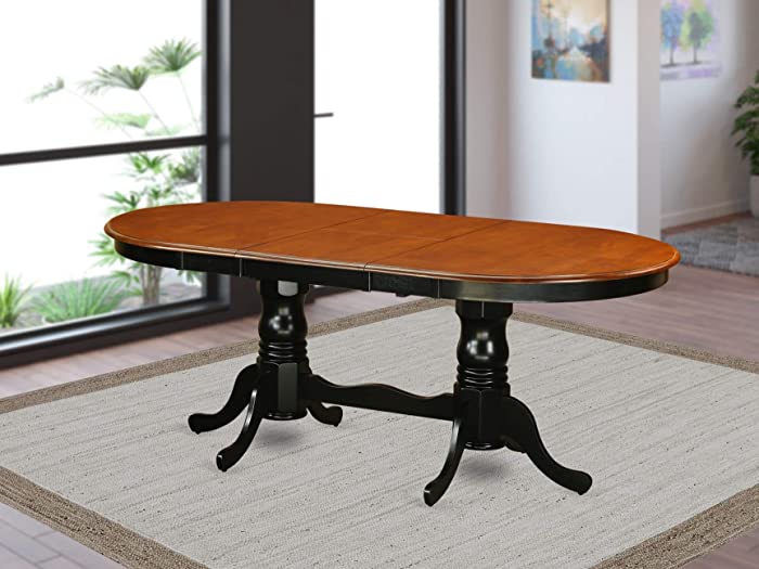 East West Furniture Butterfly Leaf Plainville Dining Room Table - Cherry Table Top and Black Finish Double Pedestal Legs Hardwood Structure Dinner Table
