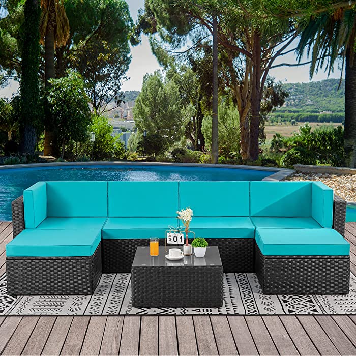 Walsunny 7pcs Patio Outdoor Furniture Sets,Low Back All-Weather Rattan Sectional Sofa with Tea Table&Washable Couch Cushions&Ottoman (Black Rattan)(Blue)