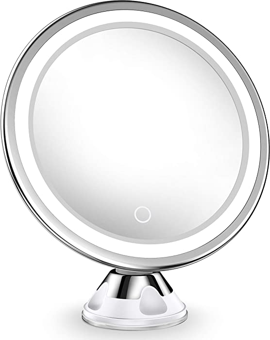 Upgraded 10x Magnifying Lighted Makeup Mirror with Touch Control LED Lights, 360 Degree Rotating Arm, and Powerful Locking Suction Cup, Portable Magnifying Mirror for Home, Bathroom Vanity, and Travel