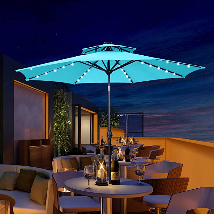 10 ft 2 Layers Patio Umbrella with 40 Lights Windproof Outdoor Market Table Umbrella with Ventilation,Tilt and Crank(Blue)