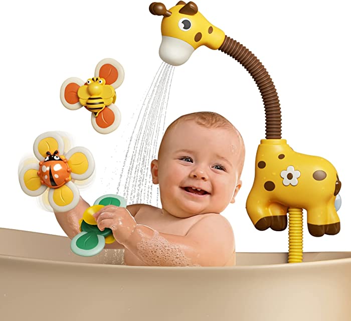 TUMAMA Baby Bathtub Toy with Shower Head and 3 Suction Spinner Toys, Giraffe Water Spray Squirt Shower Faucet and Water Pump Summer Essentials for Infants Kids Toddlers,Yellow