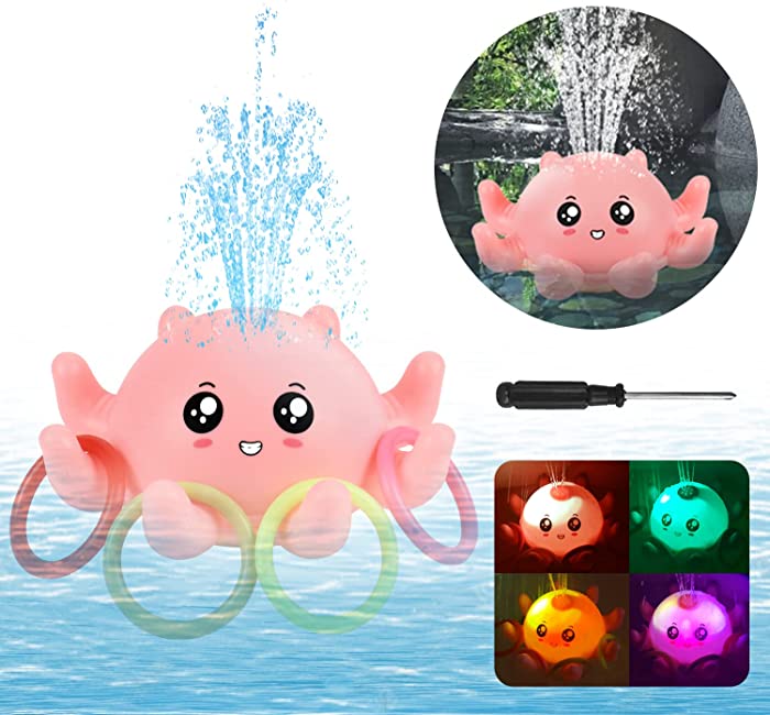 AOLIGE Bath Toys for Toddlers, Octopus Light Up Spray Baby Bathtub Toy, Induction Sprinkler Kids Water Toys for Bathroom, Pool, Bathtub (Pink Octopus with 4 Rings)