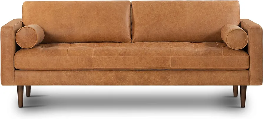 POLY & BARK Napa Leather Couch – 88.5-Inch Leather Sofa with Tufted Back - Full Grain Leather Couch with Feather-Down Topper On Seating Surfaces – Pure-Aniline Italian Leather – Cognac Tan